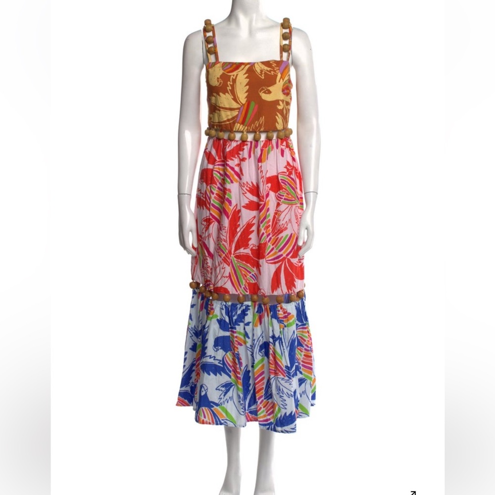 Farm Rio Mixed Color Birds Balls Maxi Dress Kaftan Pink Blue Tan Sz XS